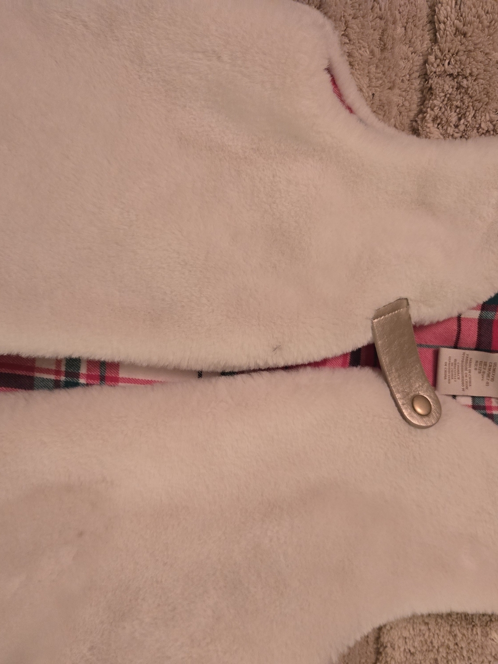 Cynthia Rowley White Sherpa Vest with Pink & Green Plaid Trim
